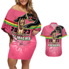 personalised-panthers-couples-matching-off-shoulder-short-dress-and-hawaiian-shirt-premiers-back-to-back-2023-pink-version