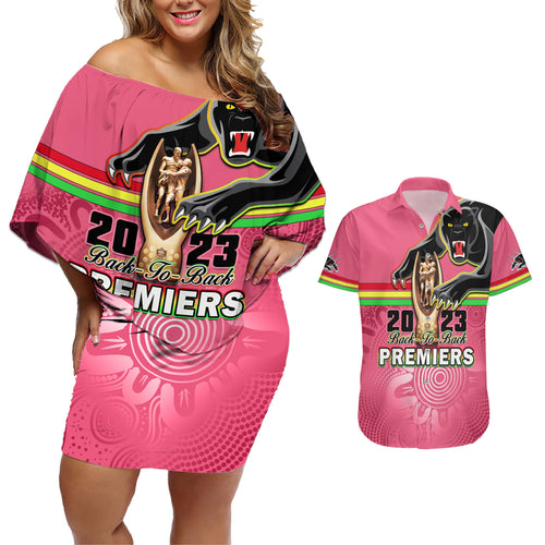 personalised-panthers-couples-matching-off-shoulder-short-dress-and-hawaiian-shirt-premiers-back-to-back-2023-pink-version