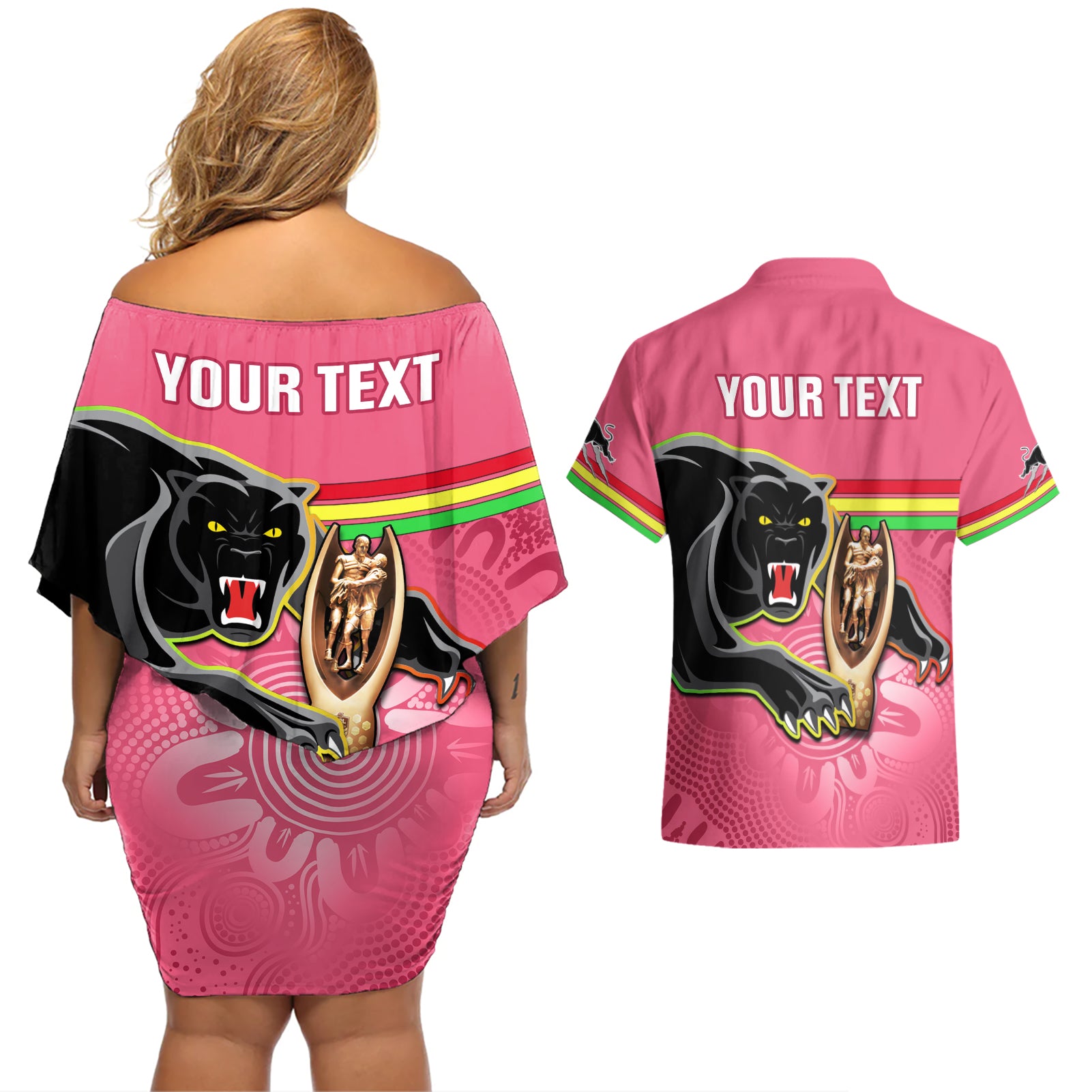 personalised-panthers-couples-matching-off-shoulder-short-dress-and-hawaiian-shirt-premiers-back-to-back-2023-pink-version