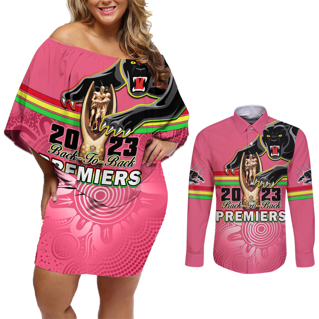 personalised-panthers-couples-matching-off-shoulder-short-dress-and-long-sleeve-button-shirts-premiers-back-to-back-2023-pink-version