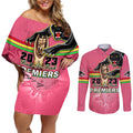 personalised-panthers-couples-matching-off-shoulder-short-dress-and-long-sleeve-button-shirts-premiers-back-to-back-2023-pink-version