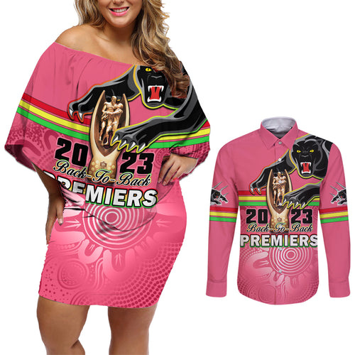 personalised-panthers-couples-matching-off-shoulder-short-dress-and-long-sleeve-button-shirts-premiers-back-to-back-2023-pink-version