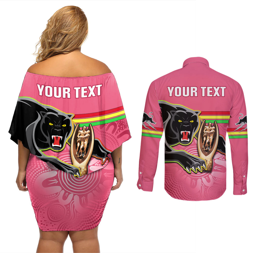 personalised-panthers-couples-matching-off-shoulder-short-dress-and-long-sleeve-button-shirts-premiers-back-to-back-2023-pink-version