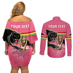 personalised-panthers-couples-matching-off-shoulder-short-dress-and-long-sleeve-button-shirts-premiers-back-to-back-2023-pink-version
