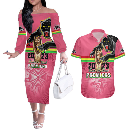 personalised-panthers-couples-matching-off-the-shoulder-long-sleeve-dress-and-hawaiian-shirt-premiers-back-to-back-2023-pink-version