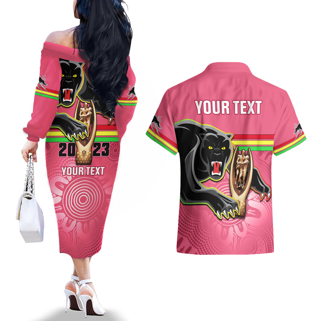 personalised-panthers-couples-matching-off-the-shoulder-long-sleeve-dress-and-hawaiian-shirt-premiers-back-to-back-2023-pink-version
