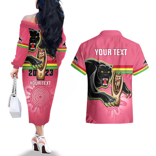 personalised-panthers-couples-matching-off-the-shoulder-long-sleeve-dress-and-hawaiian-shirt-premiers-back-to-back-2023-pink-version