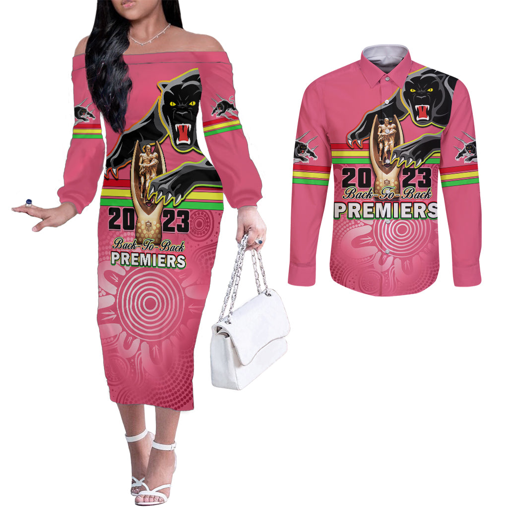 personalised-panthers-couples-matching-off-the-shoulder-long-sleeve-dress-and-long-sleeve-button-shirts-premiers-back-to-back-2023-pink-version