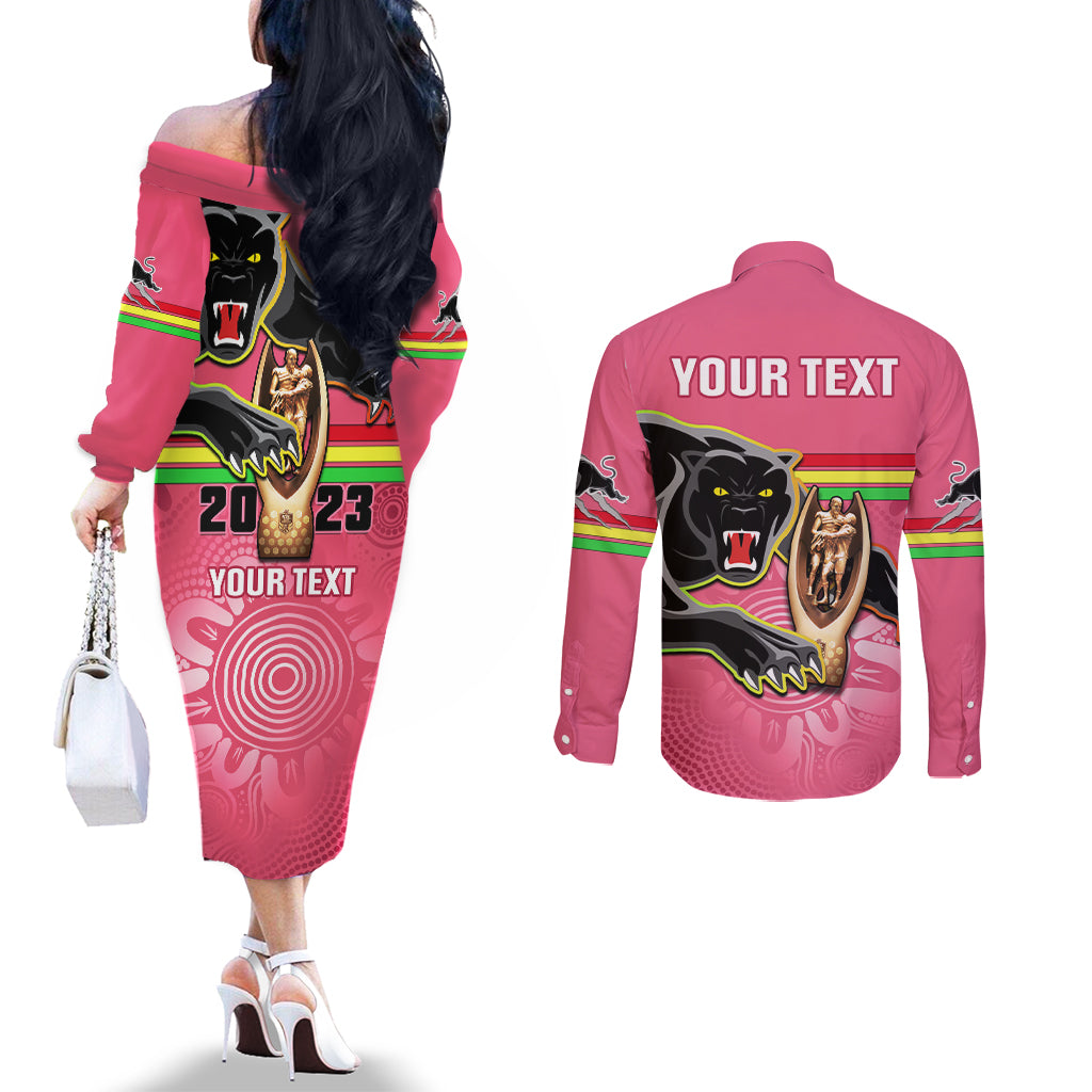 personalised-panthers-couples-matching-off-the-shoulder-long-sleeve-dress-and-long-sleeve-button-shirts-premiers-back-to-back-2023-pink-version