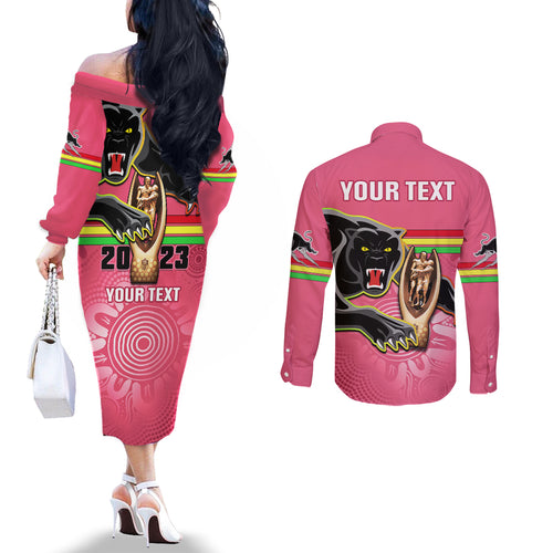 personalised-panthers-couples-matching-off-the-shoulder-long-sleeve-dress-and-long-sleeve-button-shirts-premiers-back-to-back-2023-pink-version