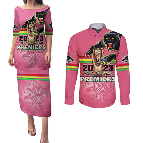 personalised-panthers-couples-matching-puletasi-dress-and-long-sleeve-button-shirts-premiers-back-to-back-2023-pink-version