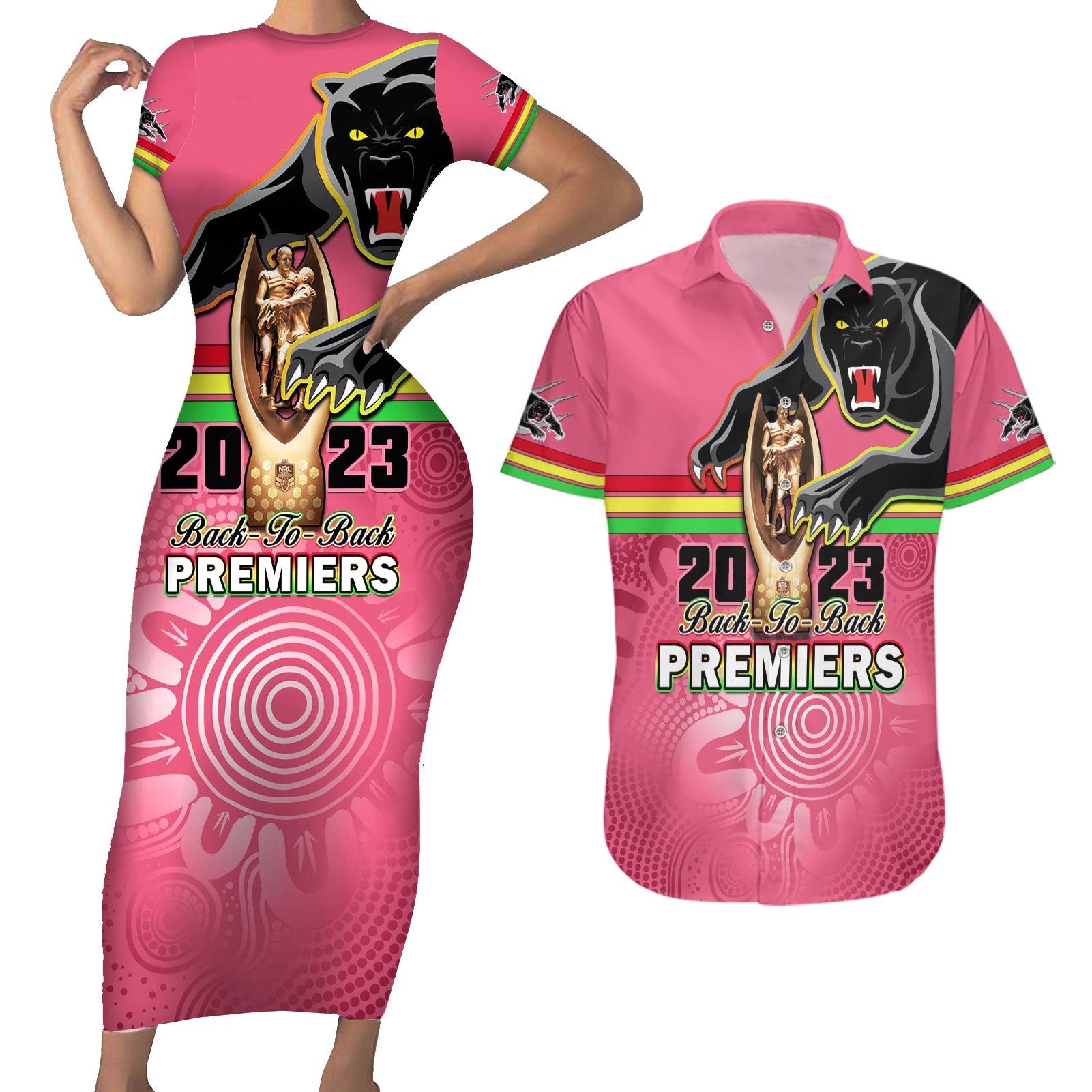 personalised-panthers-couples-matching-short-sleeve-bodycon-dress-and-hawaiian-shirt-premiers-back-to-back-2023-pink-version