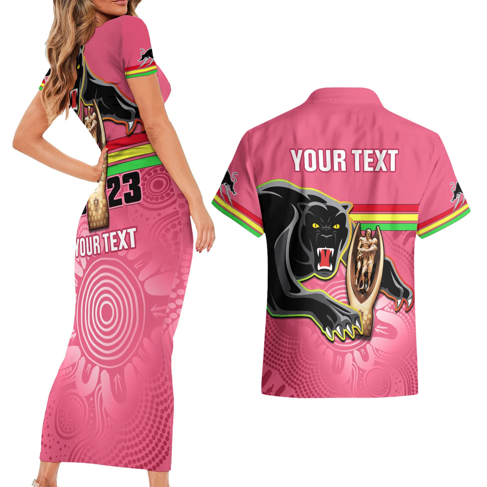 personalised-panthers-couples-matching-short-sleeve-bodycon-dress-and-hawaiian-shirt-premiers-back-to-back-2023-pink-version