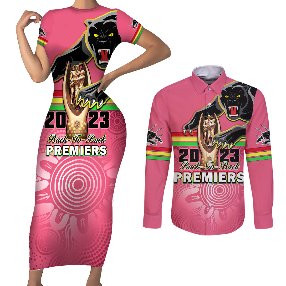 personalised-panthers-couples-matching-short-sleeve-bodycon-dress-and-long-sleeve-button-shirts-premiers-back-to-back-2023-pink-version