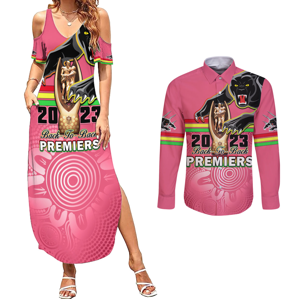 personalised-panthers-couples-matching-summer-maxi-dress-and-long-sleeve-button-shirts-premiers-back-to-back-2023-pink-version