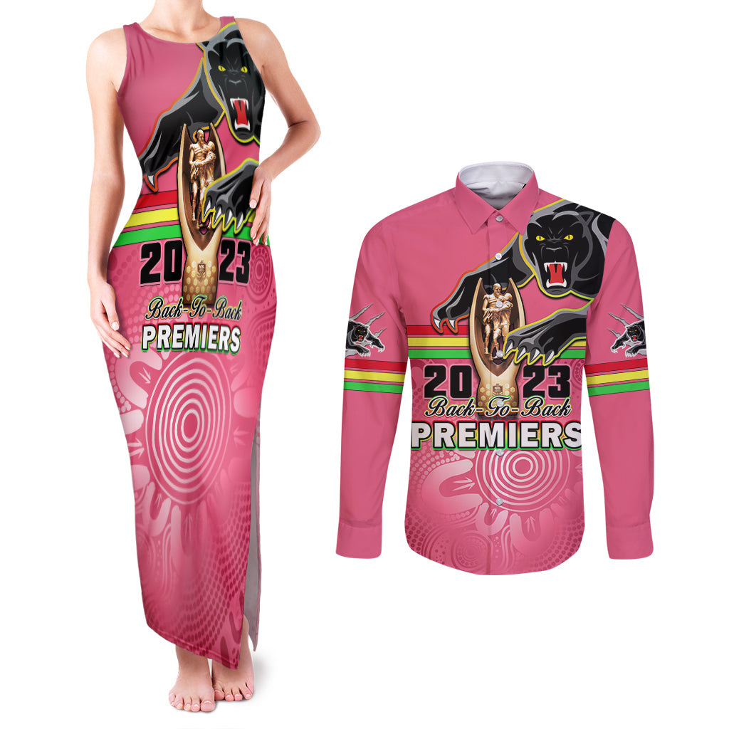 personalised-panthers-couples-matching-tank-maxi-dress-and-long-sleeve-button-shirts-premiers-back-to-back-2023-pink-version