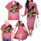personalised-panthers-family-matching-off-shoulder-long-sleeve-dress-and-hawaiian-shirt-premiers-back-to-back-2023-pink-version