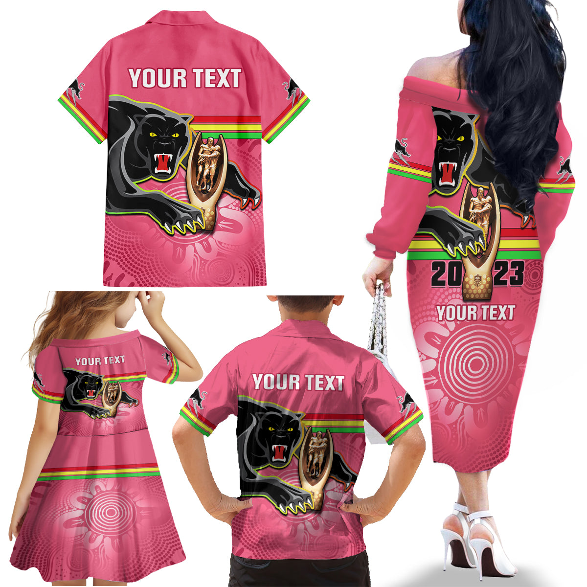 personalised-panthers-family-matching-off-shoulder-long-sleeve-dress-and-hawaiian-shirt-premiers-back-to-back-2023-pink-version
