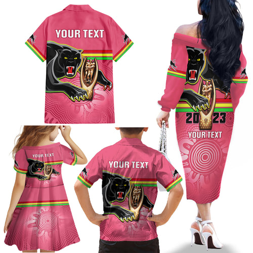 personalised-panthers-family-matching-off-shoulder-long-sleeve-dress-and-hawaiian-shirt-premiers-back-to-back-2023-pink-version