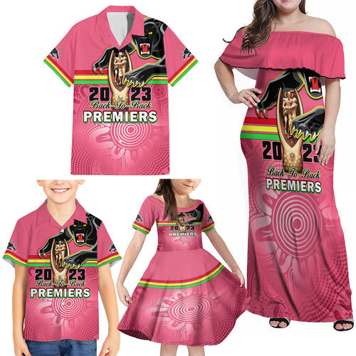 personalised-panthers-family-matching-off-shoulder-maxi-dress-and-hawaiian-shirt-premiers-back-to-back-2023-pink-version