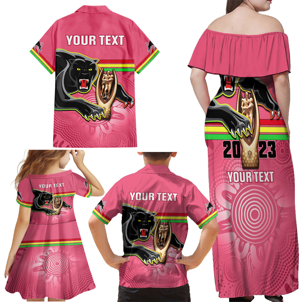 personalised-panthers-family-matching-off-shoulder-maxi-dress-and-hawaiian-shirt-premiers-back-to-back-2023-pink-version