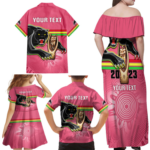 personalised-panthers-family-matching-off-shoulder-maxi-dress-and-hawaiian-shirt-premiers-back-to-back-2023-pink-version