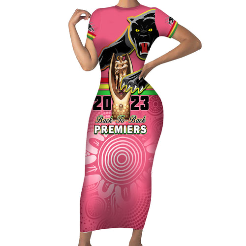 personalised-panthers-family-matching-short-sleeve-bodycon-dress-and-hawaiian-shirt-premiers-back-to-back-2023-pink-version