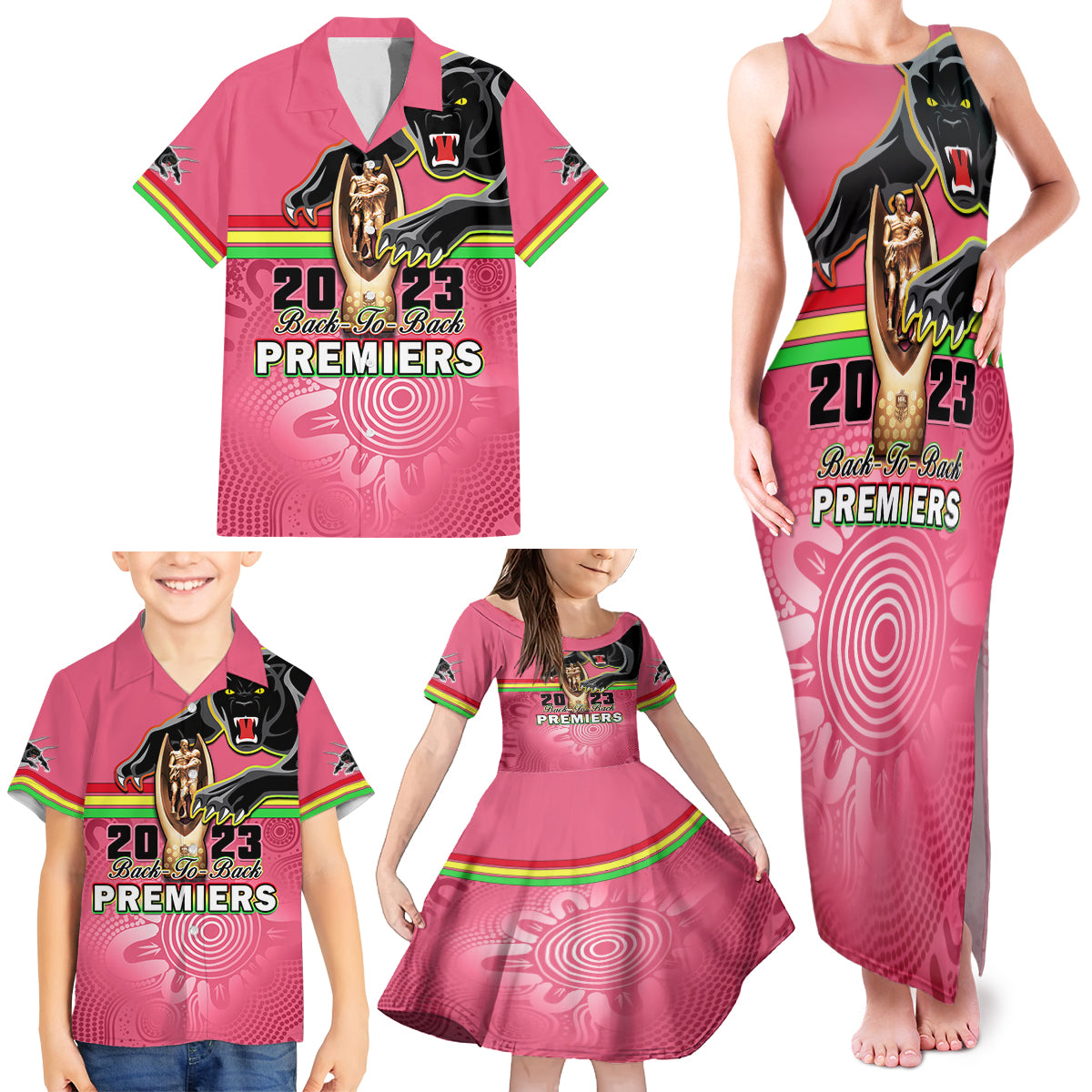 personalised-panthers-family-matching-tank-maxi-dress-and-hawaiian-shirt-premiers-back-to-back-2023-pink-version