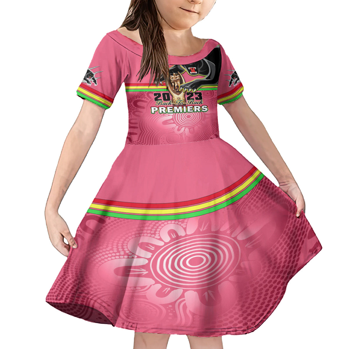 personalised-panthers-kid-short-sleeve-dress-premiers-back-to-back-2023-pink-version