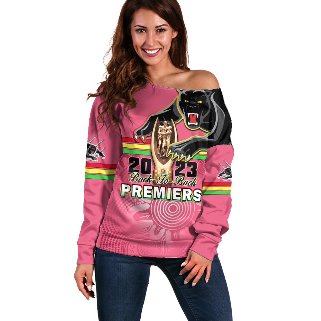 personalised-panthers-off-shoulder-sweater-premiers-back-to-back-2023-pink-version