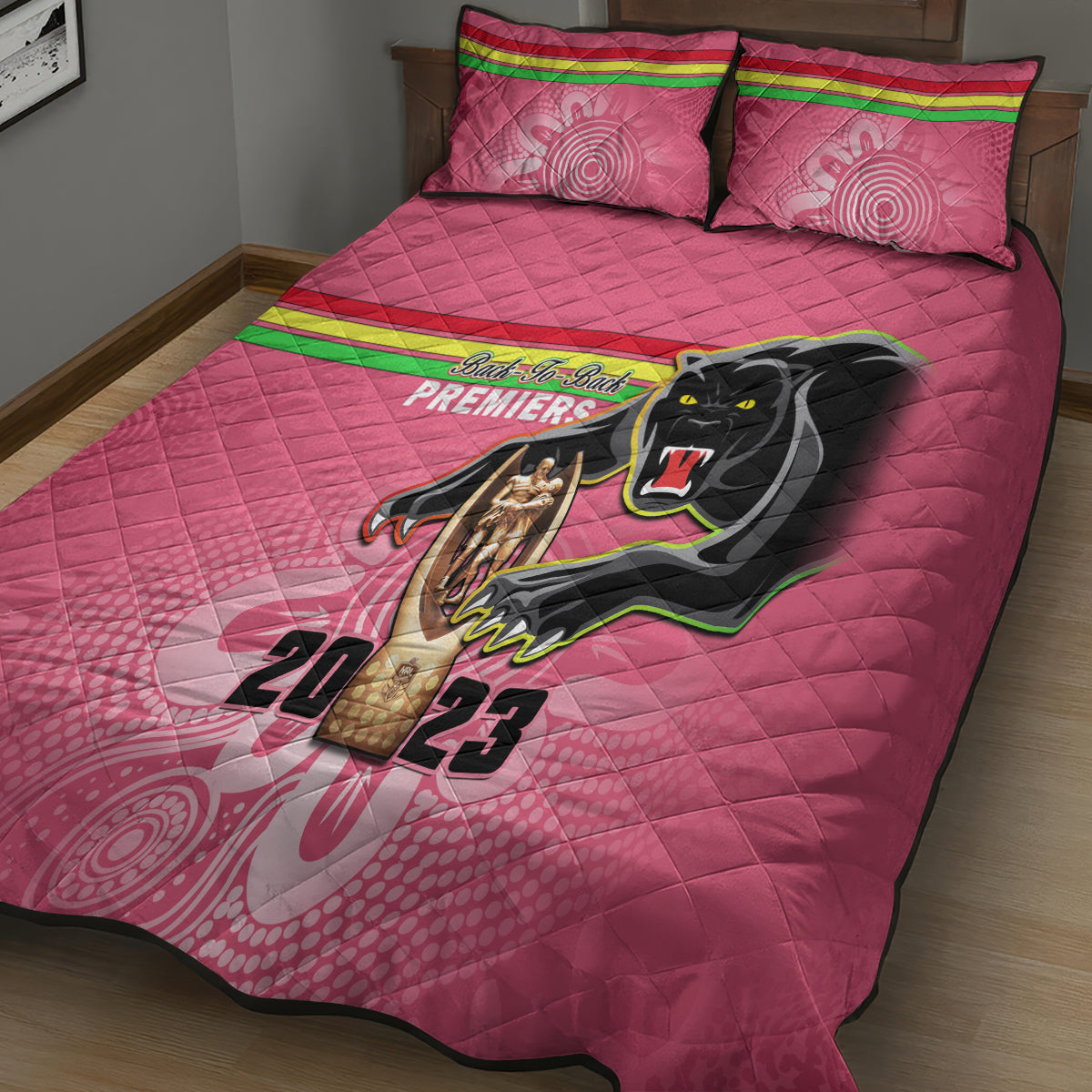 personalised-panthers-quilt-bed-set-premiers-back-to-back-2023-pink-version