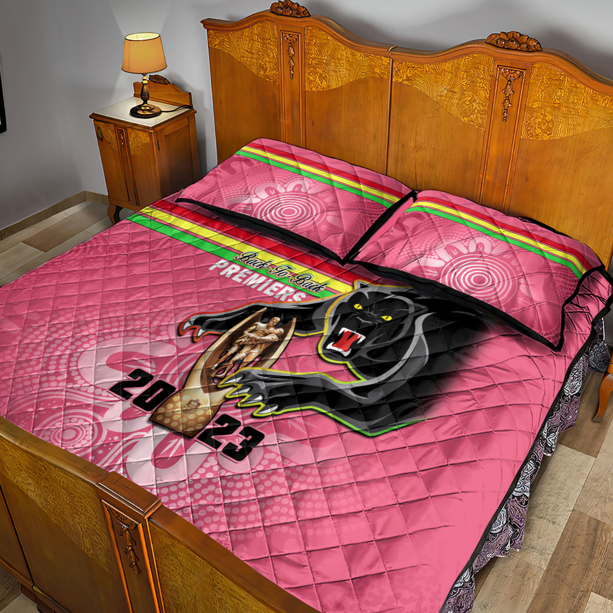 personalised-panthers-quilt-bed-set-premiers-back-to-back-2023-pink-version