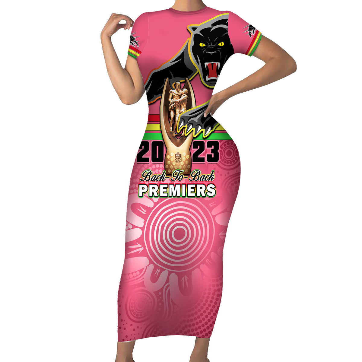 personalised-panthers-short-sleeve-bodycon-dress-premiers-back-to-back-2023-pink-version