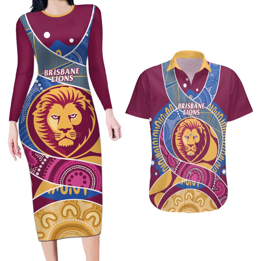 Brisbane Lions Football Custom Couples Matching Long Sleeve Bodycon Dress and Hawaiian Shirt Premiers Proud Aboriginal Art - Aussie Hoodie