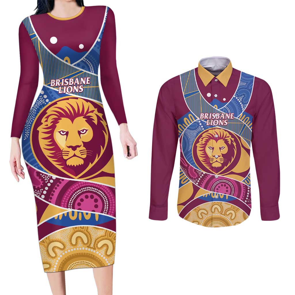 Brisbane Lions Football Custom Couples Matching Long Sleeve Bodycon Dress and Long Sleeve Button Shirt Premiers Proud Aboriginal Art - Aussie Hoodie