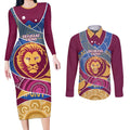 Brisbane Lions Football Custom Couples Matching Long Sleeve Bodycon Dress and Long Sleeve Button Shirt Premiers Proud Aboriginal Art - Aussie Hoodie