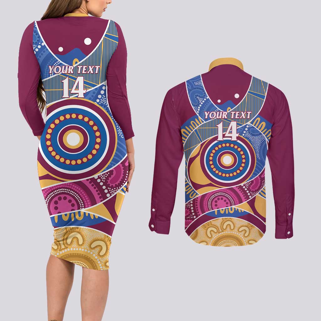 Brisbane Lions Football Custom Couples Matching Long Sleeve Bodycon Dress and Long Sleeve Button Shirt Premiers Proud Aboriginal Art - Aussie Hoodie