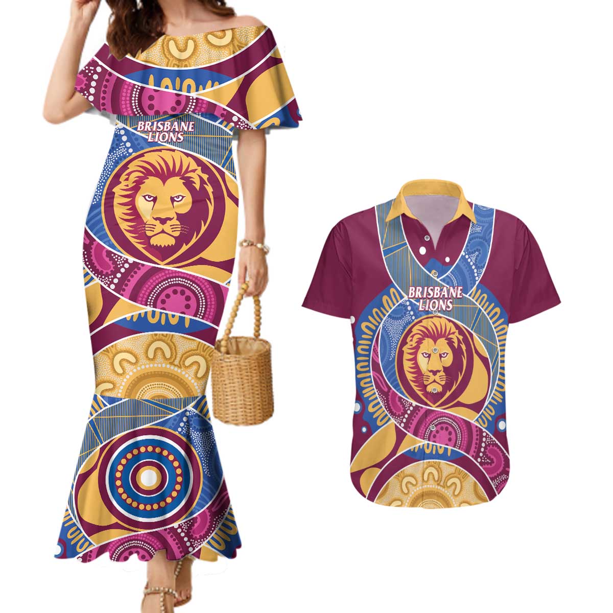 Brisbane Lions Football Custom Couples Matching Mermaid Dress and Hawaiian Shirt Premiers Proud Aboriginal Art - Aussie Hoodie