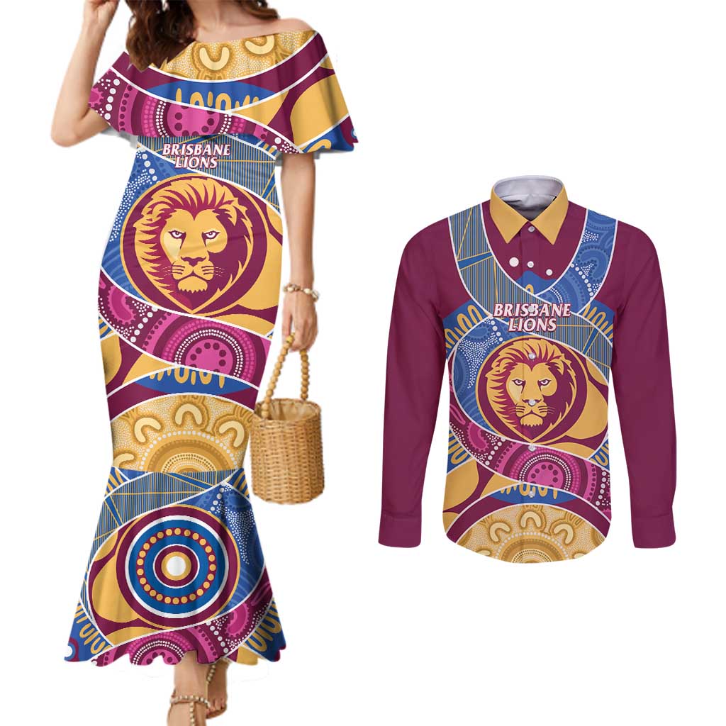 Brisbane Lions Football Custom Couples Matching Mermaid Dress and Long Sleeve Button Shirt Premiers Proud Aboriginal Art - Aussie Hoodie