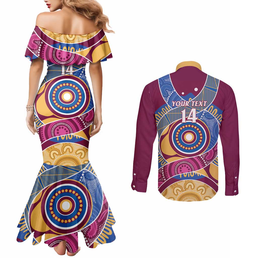 Brisbane Lions Football Custom Couples Matching Mermaid Dress and Long Sleeve Button Shirt Premiers Proud Aboriginal Art - Aussie Hoodie