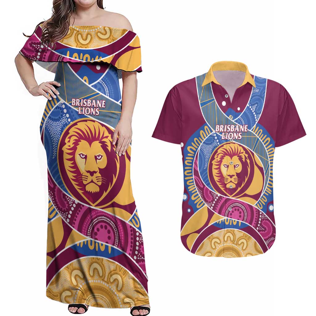 Brisbane Lions Football Custom Couples Matching Off Shoulder Maxi Dress and Hawaiian Shirt Premiers Proud Aboriginal Art - Aussie Hoodie