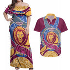 Brisbane Lions Football Custom Couples Matching Off Shoulder Maxi Dress and Hawaiian Shirt Premiers Proud Aboriginal Art - Aussie Hoodie