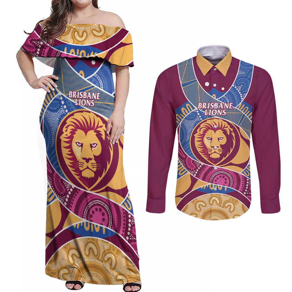 Brisbane Lions Football Custom Couples Matching Off Shoulder Maxi Dress and Long Sleeve Button Shirt Premiers Proud Aboriginal Art - Aussie Hoodie