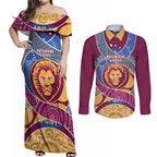 Brisbane Lions Football Custom Couples Matching Off Shoulder Maxi Dress and Long Sleeve Button Shirt Premiers Proud Aboriginal Art - Aussie Hoodie