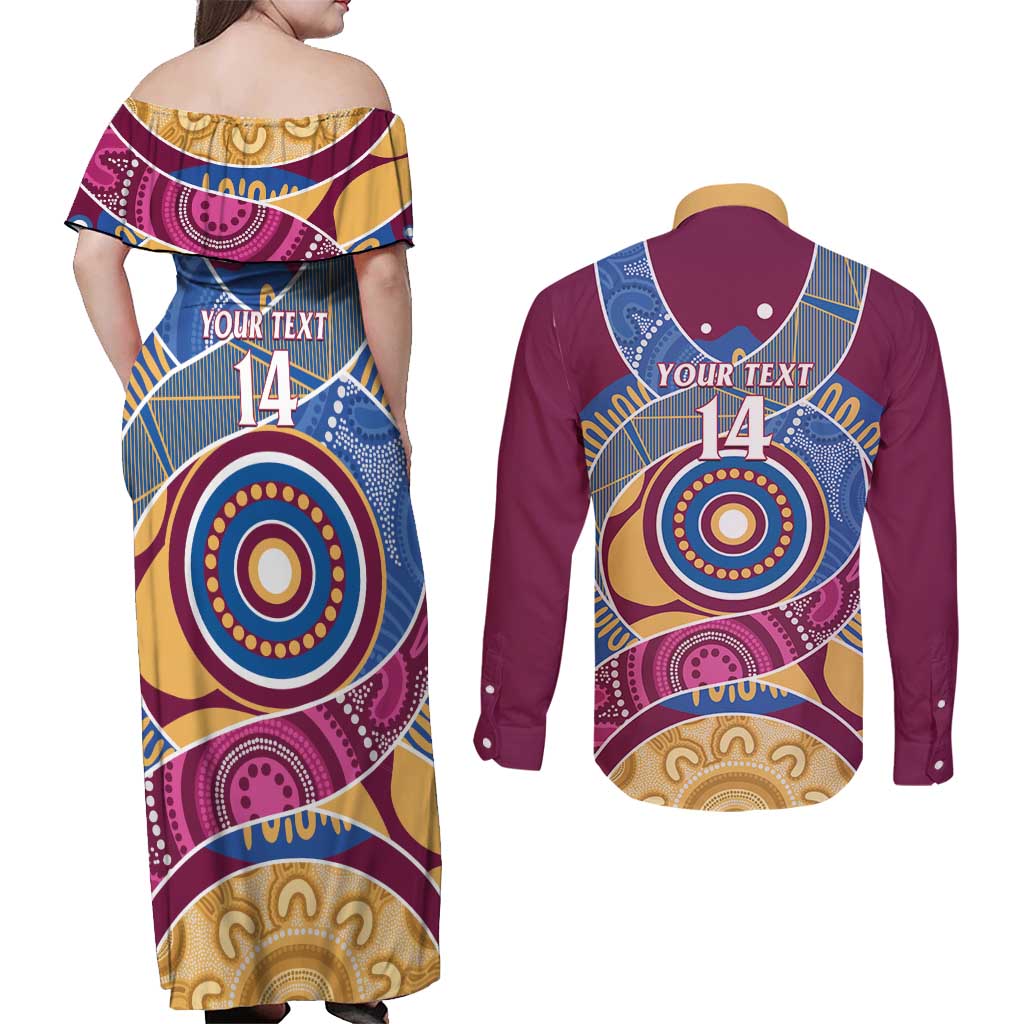 Brisbane Lions Football Custom Couples Matching Off Shoulder Maxi Dress and Long Sleeve Button Shirt Premiers Proud Aboriginal Art - Aussie Hoodie