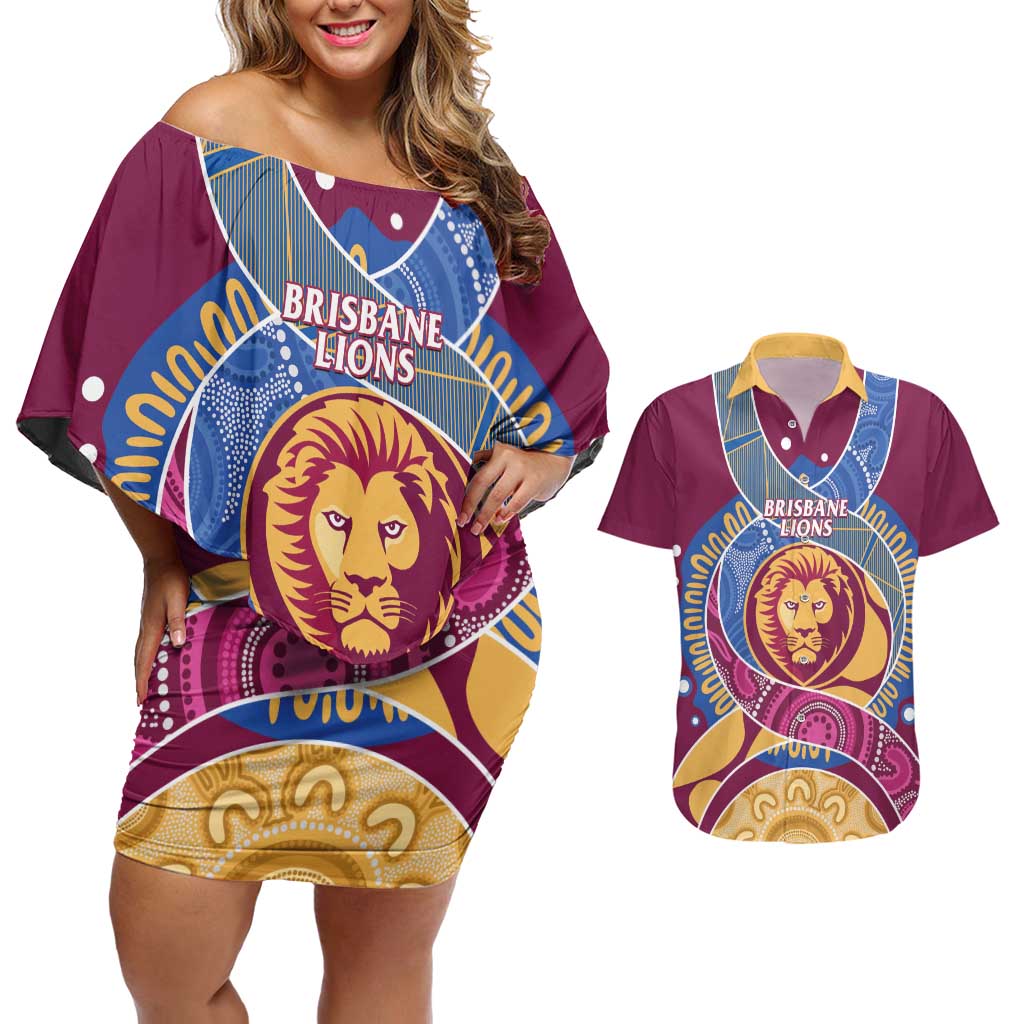 Brisbane Lions Football Custom Couples Matching Off Shoulder Short Dress and Hawaiian Shirt Premiers Proud Aboriginal Art - Aussie Hoodie