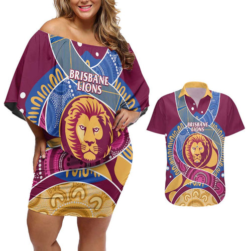 Brisbane Lions Football Custom Couples Matching Off Shoulder Short Dress and Hawaiian Shirt Premiers Proud Aboriginal Art - Aussie Hoodie