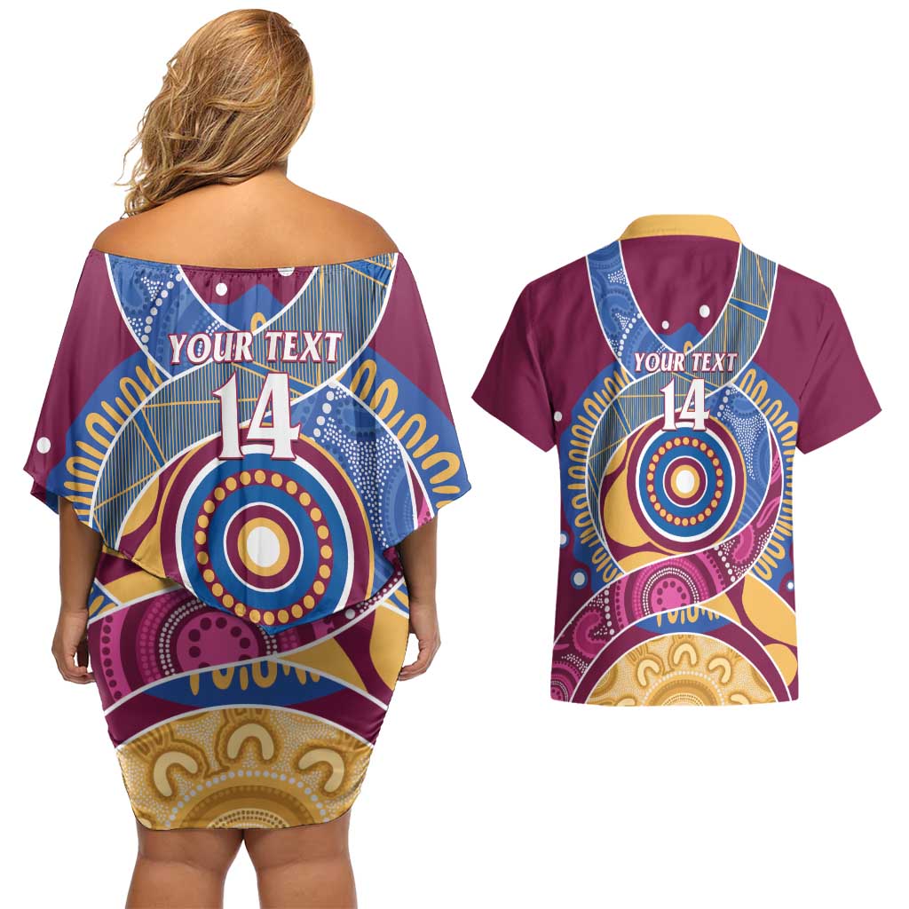 Brisbane Lions Football Custom Couples Matching Off Shoulder Short Dress and Hawaiian Shirt Premiers Proud Aboriginal Art - Aussie Hoodie