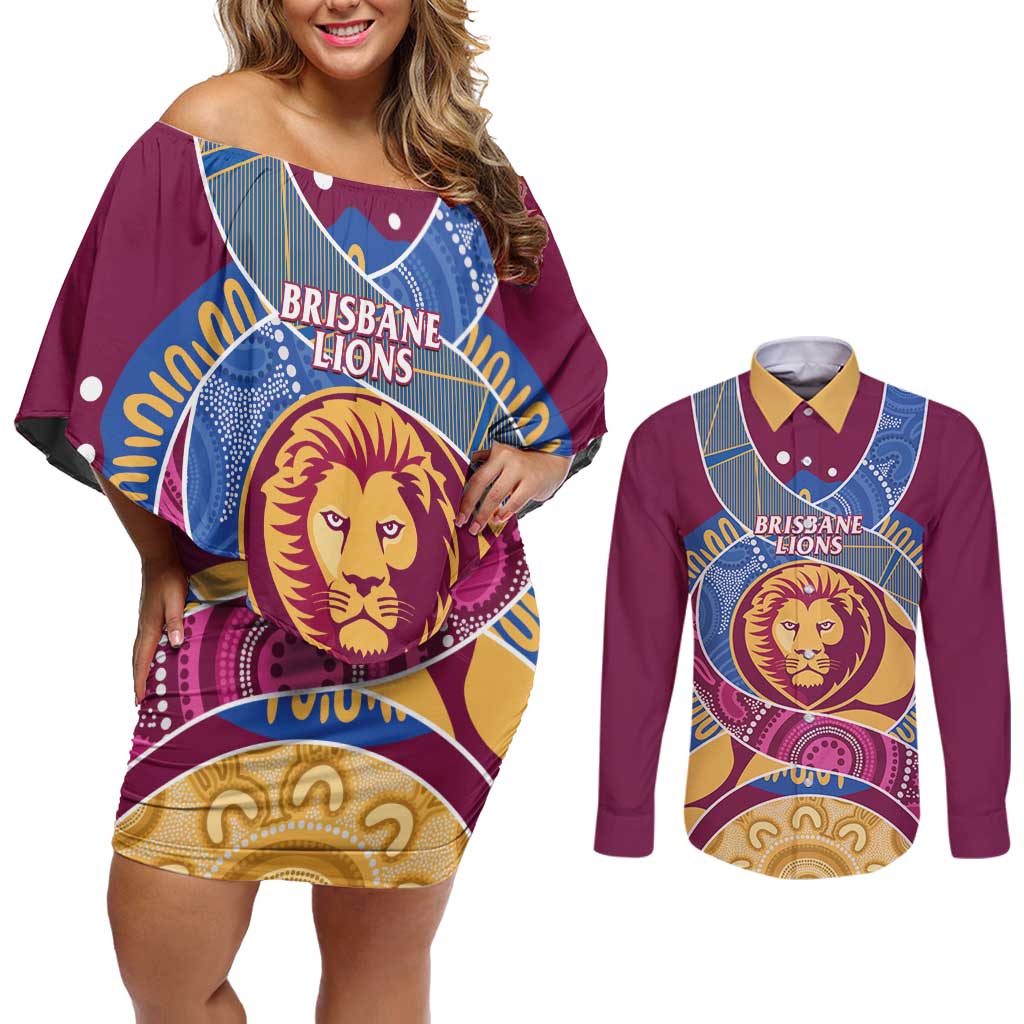 Brisbane Lions Football Custom Couples Matching Off Shoulder Short Dress and Long Sleeve Button Shirt Premiers Proud Aboriginal Art - Aussie Hoodie