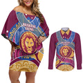Brisbane Lions Football Custom Couples Matching Off Shoulder Short Dress and Long Sleeve Button Shirt Premiers Proud Aboriginal Art - Aussie Hoodie
